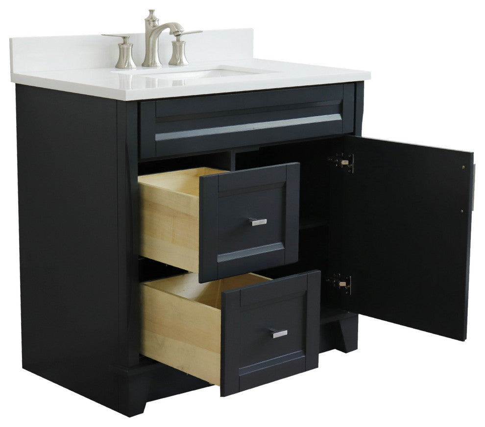 37" Single Sink Vanity, Dark Gray Finish With White Engineered Stone Top