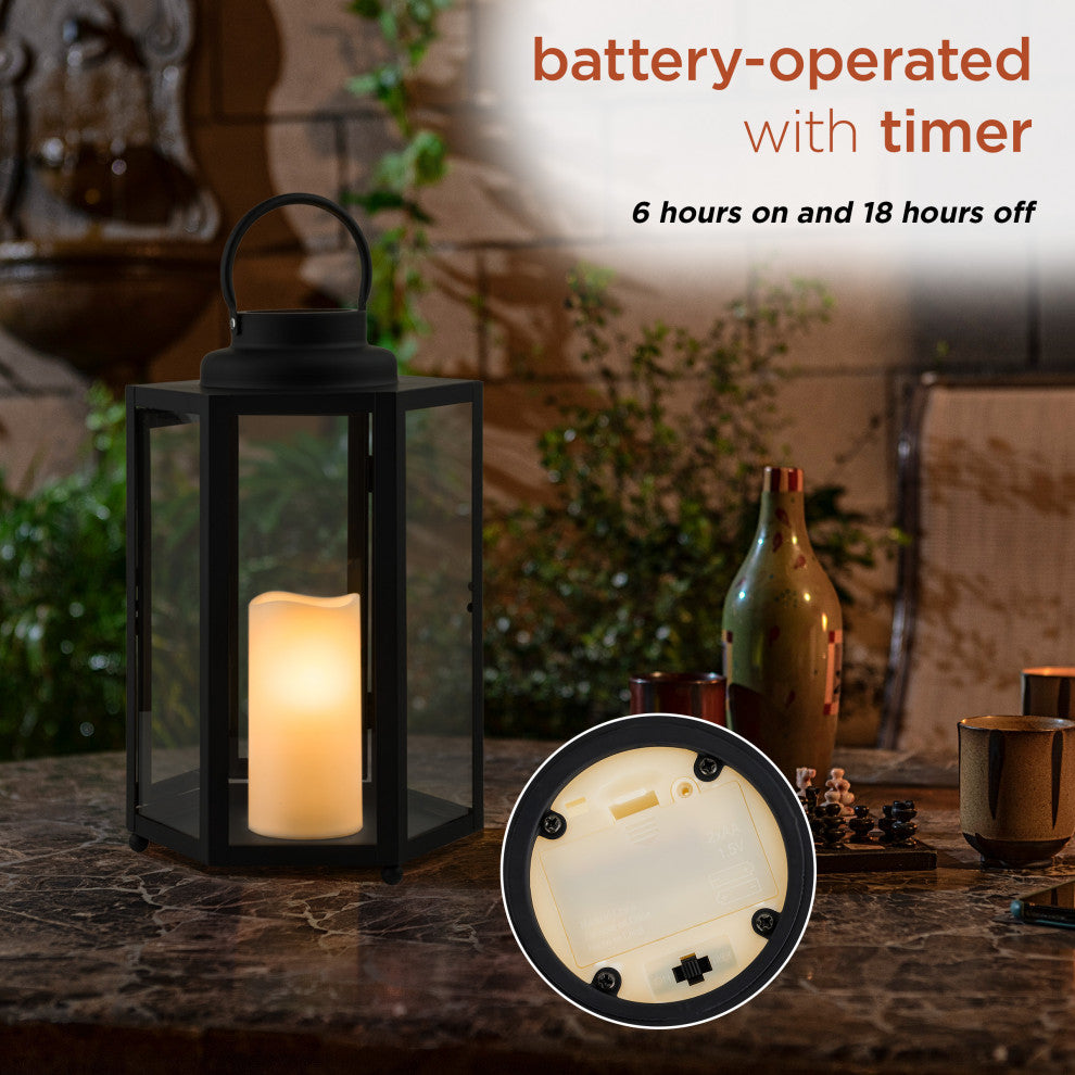 14" Tall Outdoor Hexagonal Battery-Operated Metal Lantern with LED Lights, Black