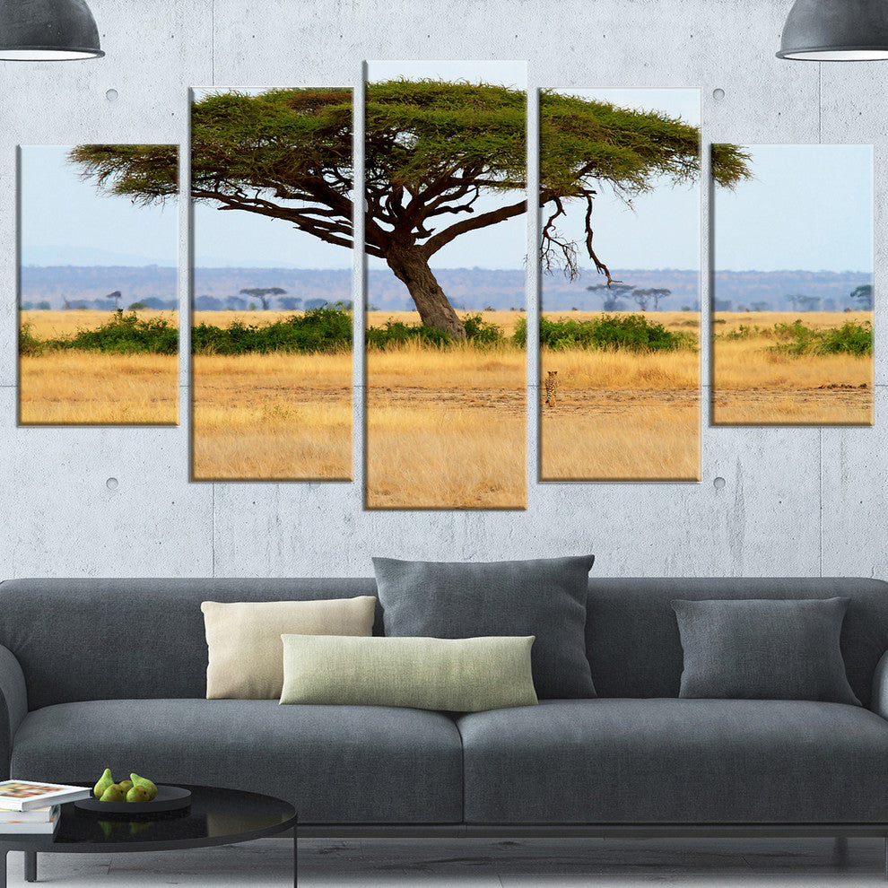 Acadia Tree and Cheetah in Africa, Landscape Canvas Art, 60"x32", 5 Panels