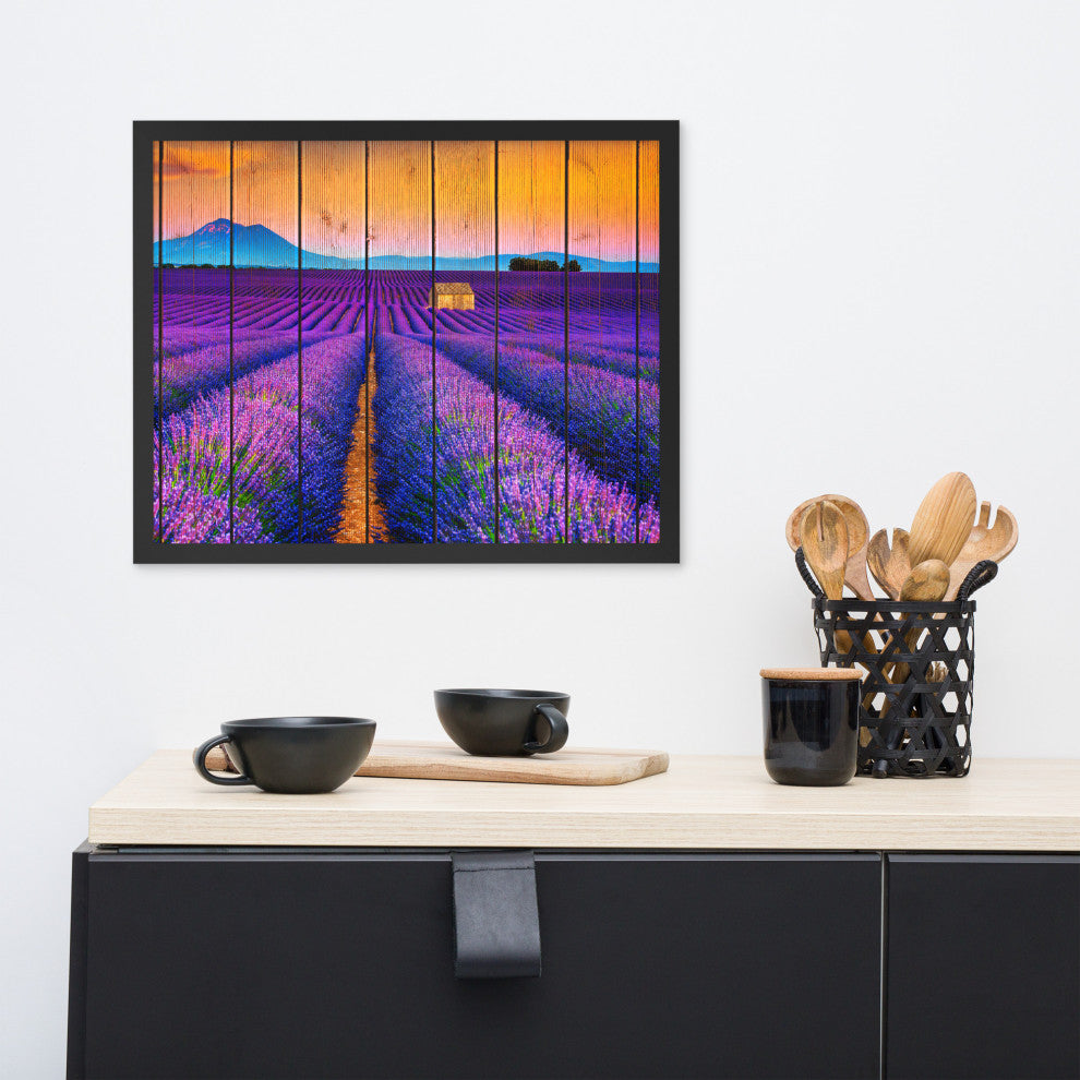Faux Wood Lavender Fields and Sunset Landscape Framed Photo Paper Wall Art Print, Black, 16" X 20"