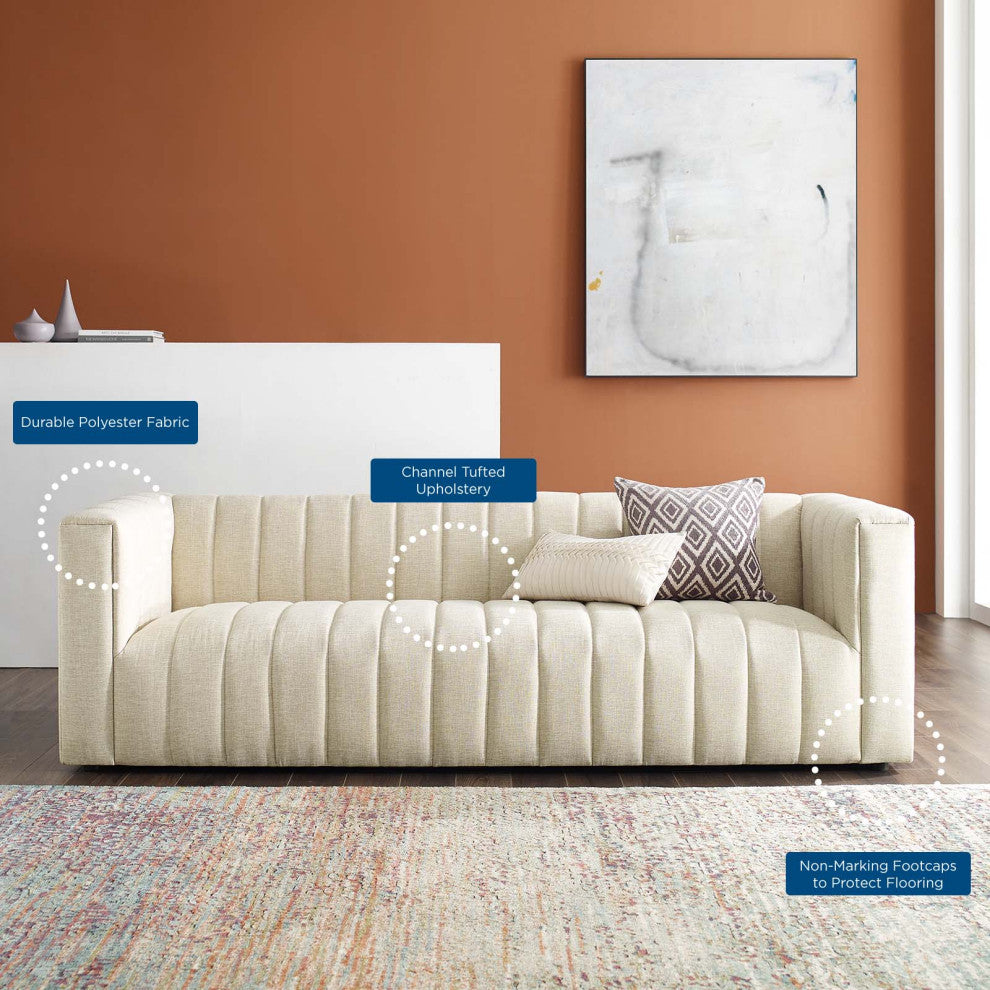 Tufted Sofa, Fabric, Beige, Modern, Living Lounge Room Hotel Lobby Hospitality