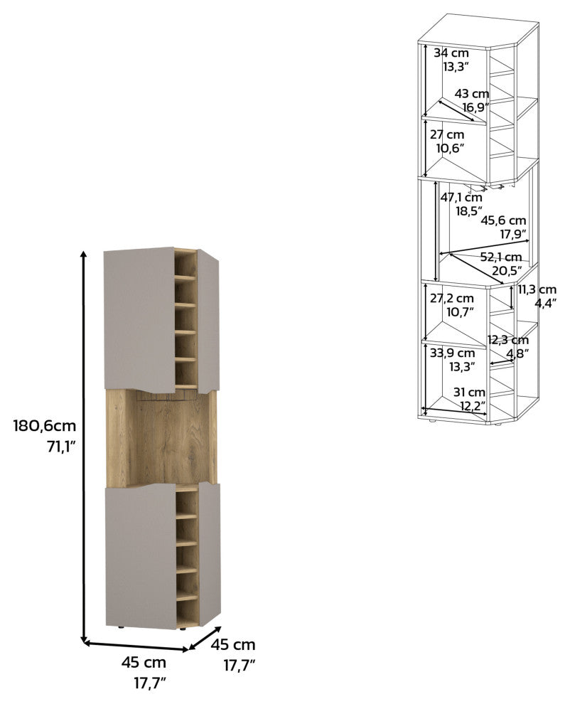 DEPOT E-SHOP Mecca Corner Bar Cabinet, 4 Doors, 8 Shelves, Macadamia/Taupe