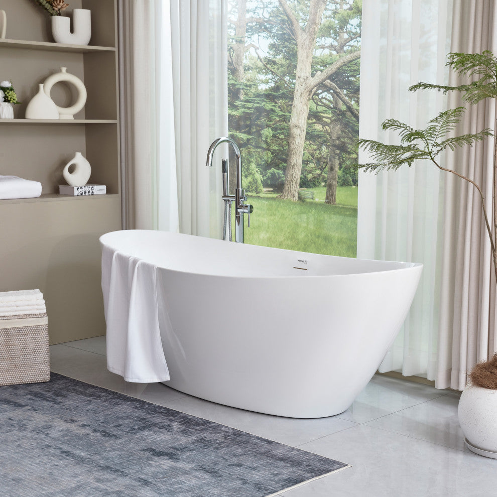 Vanity Art 71" x 33" Acrylic Freestanding Soaking Bathtub, White/Integrated Overflow