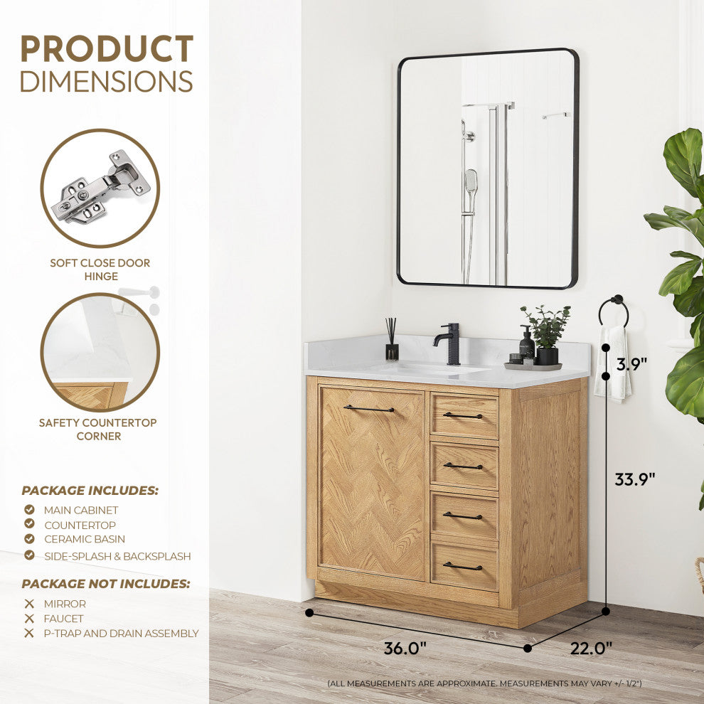 Jakarta Bath Vanity, Quartz Top No Mirror, Weathering Light Brown, 36", Single Vanity