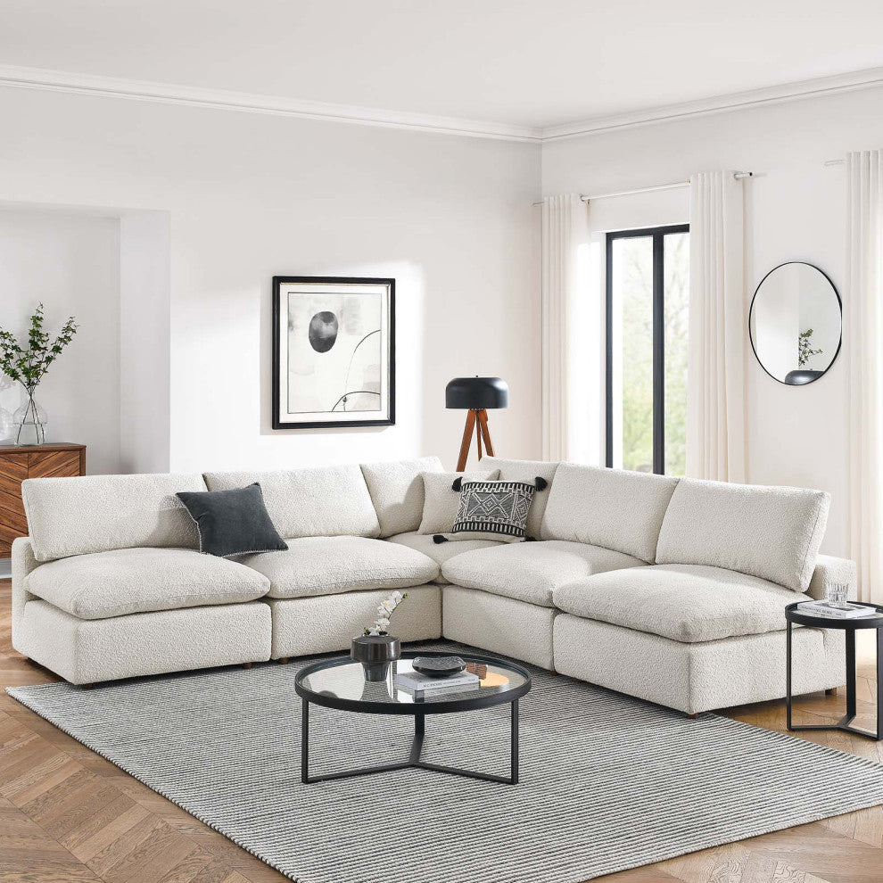 Commix Down Filled Overstuffed Boucle Fabric 5-Piece Sectional Sofa, Ivory