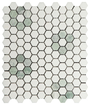 5-Pieces of Thassos White and Ming Green 1" x 1" Marble Honeycomb Mosaic