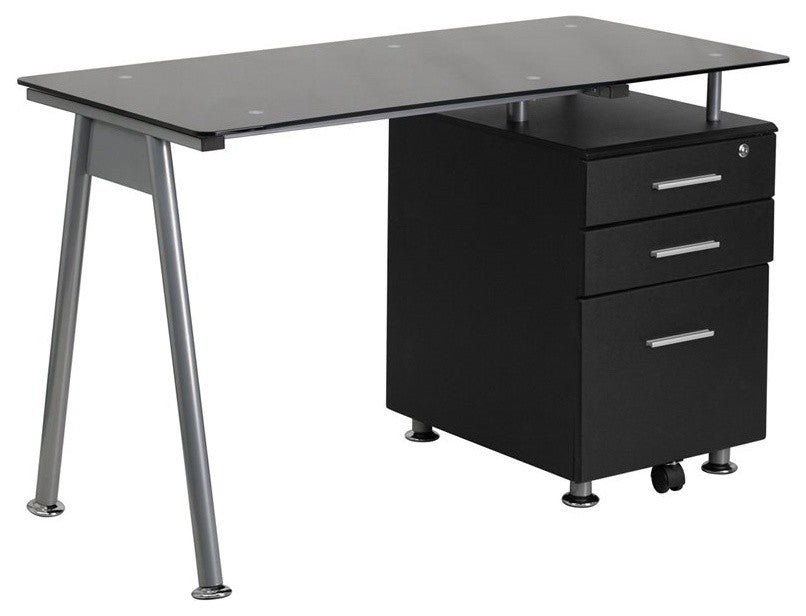 Hamlet Black Glass Office Computer Desk With Three Drawer Pedestal