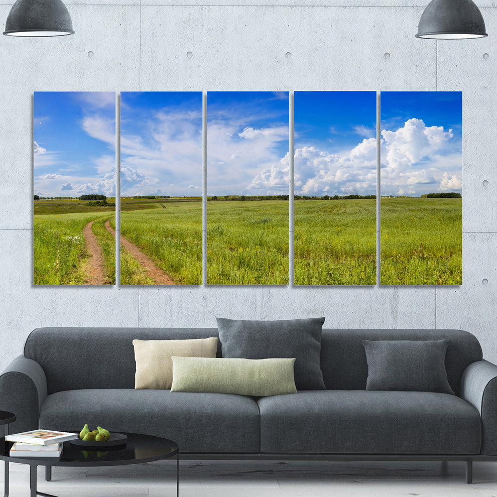 Road in Field with Green Grass, Landscape Canvas Art Print, 60"x28", 5 Panels
