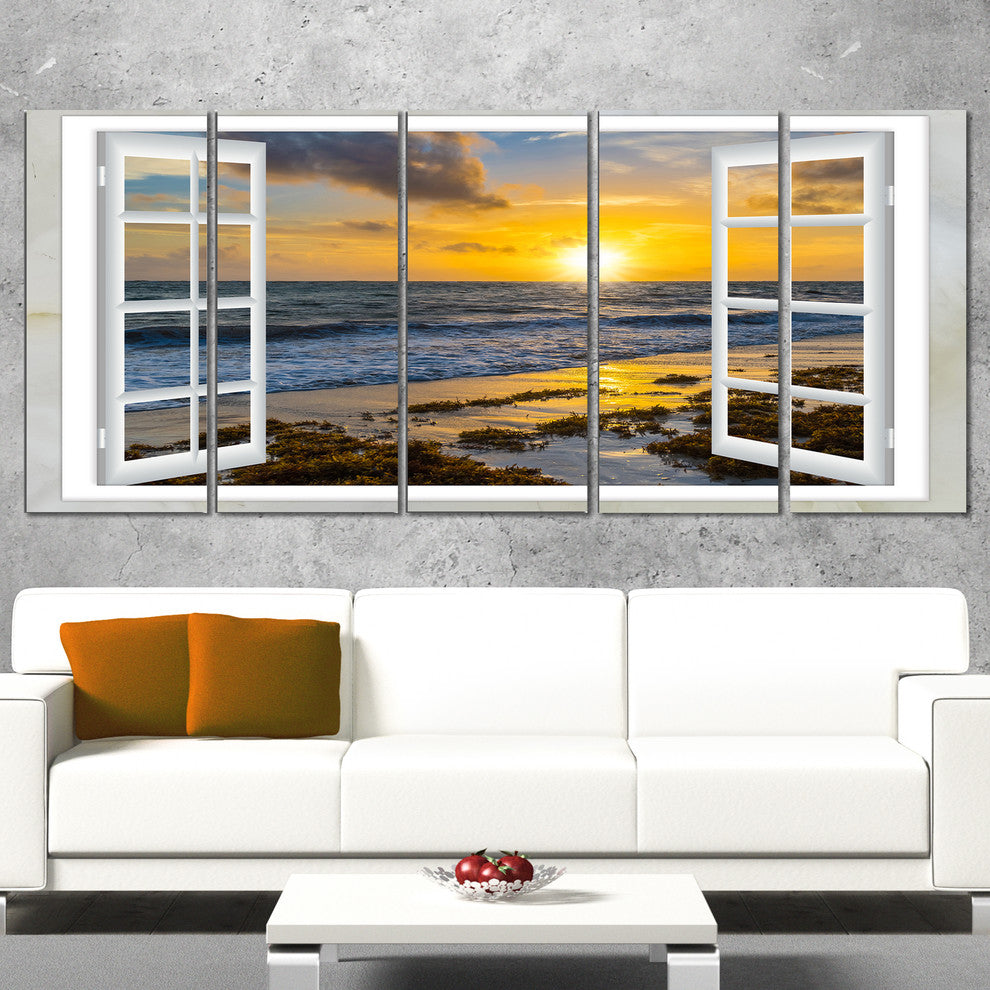 "Open Window To Bright Yellow Sunset" Modern Wall Art, 5 Panels, 60"x28"
