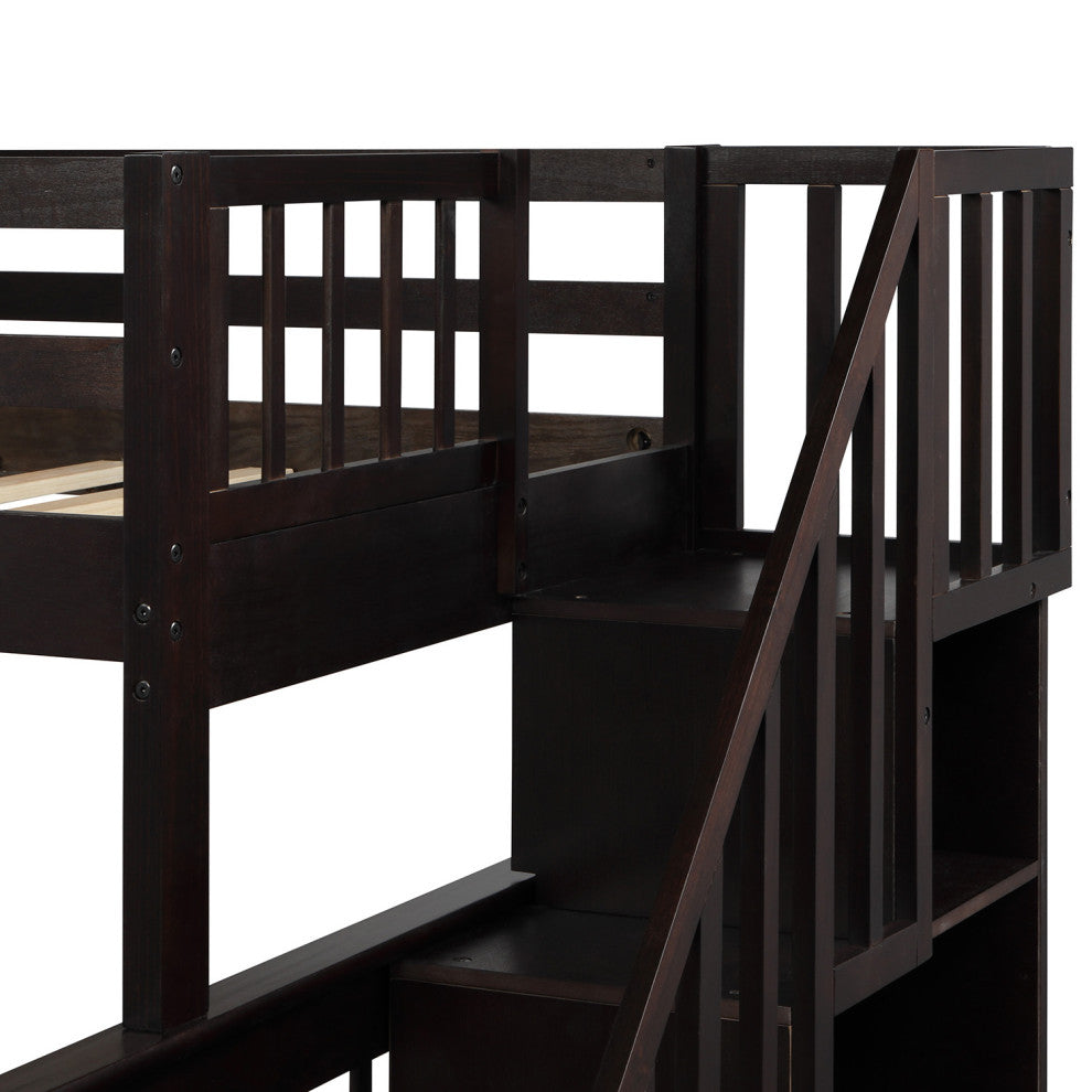 Gewnee Wood Twin-Over-Full Bunk Bed with Trundle and Stairway, Espresso