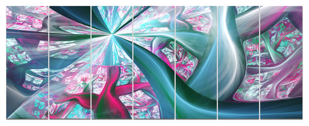 Blue Pink Fractal Plant Stems, Abstract Canvas Art Print, 83"x32", 7 Panels