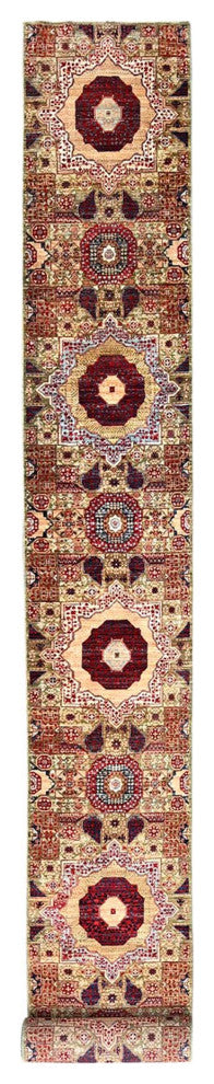 Green, Hand Knotted, Mamluk Design, Pure Wool, XL Runner Rug, 2'4"x24'7"