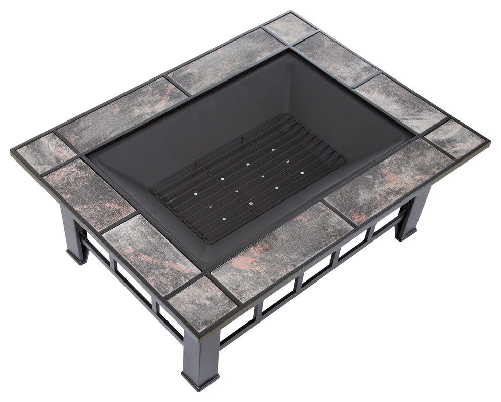Pure Garden Rectangular Tile Fire Pit With Cover, Black, 37"