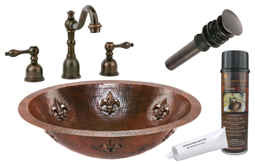 Premier Copper Products BSP2_LO19FFLDB 19" Fleur De Lis Copper Sink Package