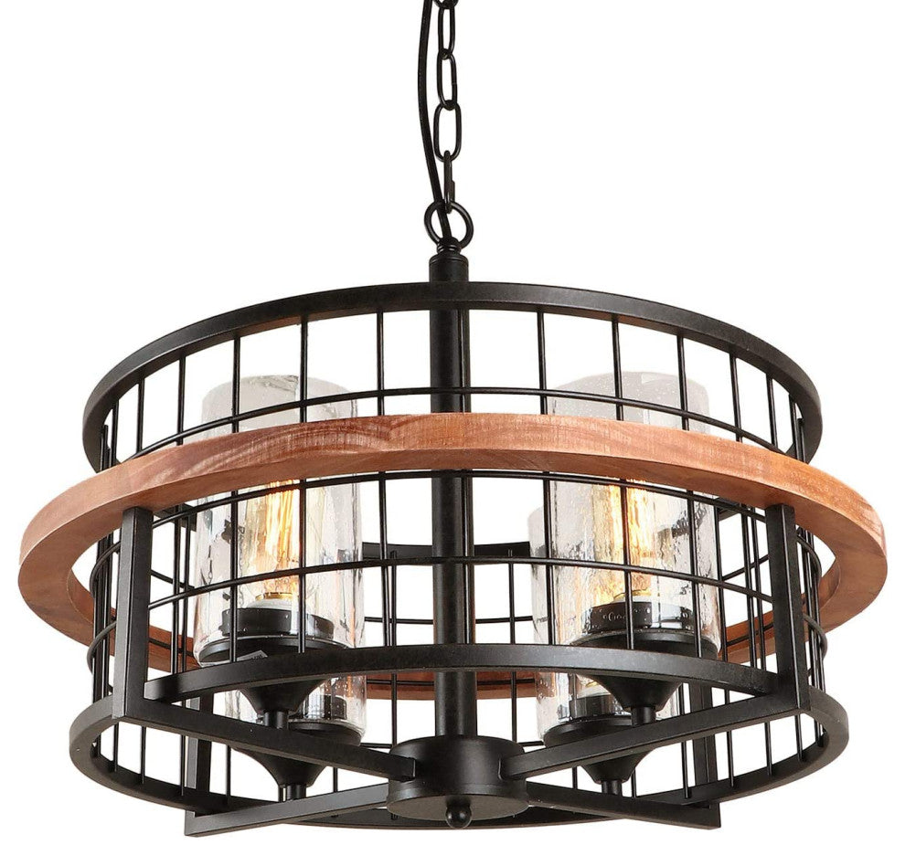 4 Light Industrial Chandelier Rust Drum Black Hanging Pendant