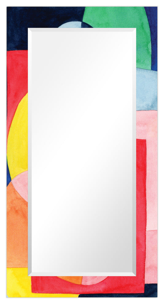 "Launder" Beveled Mirror on Printed Abstarct Tempered Art Glass, 54x28"