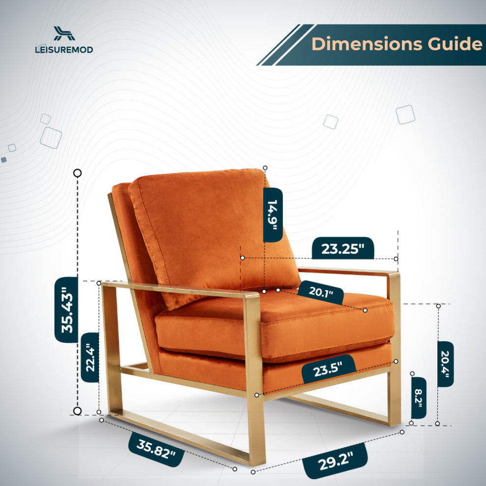 LeisureMod Jefferson Velvet Accent Armchair With Gold Frame, Orange Marmalade