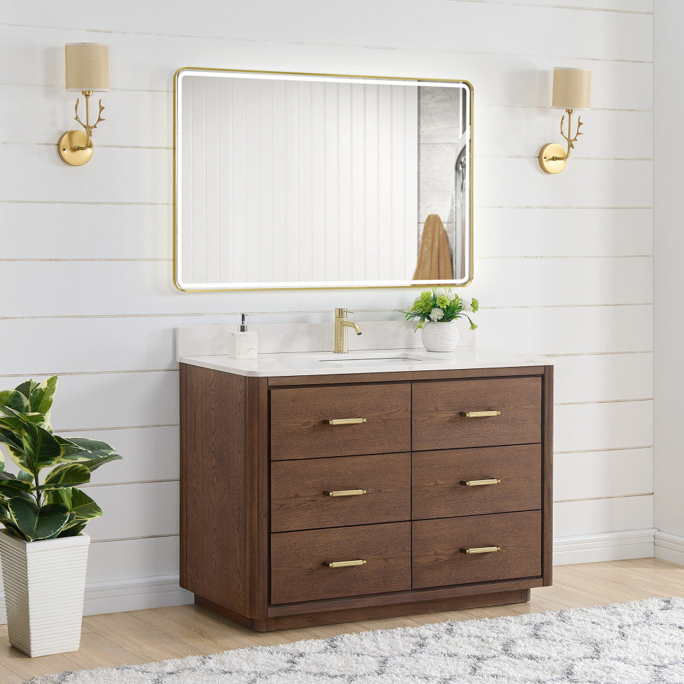 Porto Bath Vanity with White Quartz Stone Top, Dark Brown Oak, 48 in., With Mirror