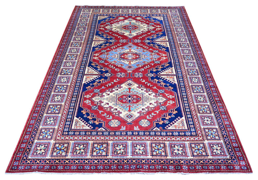 Scarlet Red Shirvan Weave Afghan Super Kazak Wool Hand Knotted Rug, 5'8"x8'1"