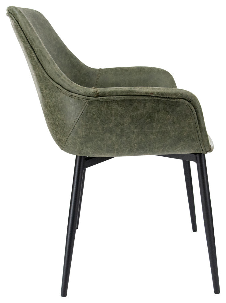 LeisureMod Markley Leather Dining Armchair With Metal Legs, Olive Green