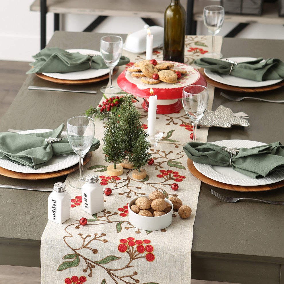 Winter Berries Embroidered Table Runner 14x70