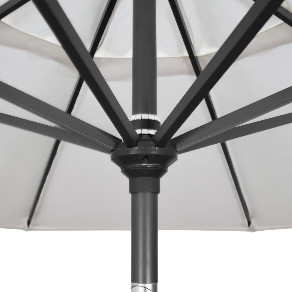 9'' Gray Greek Key Patio Umbrella With Push Button Tilt and Tassels, Pacific Blue