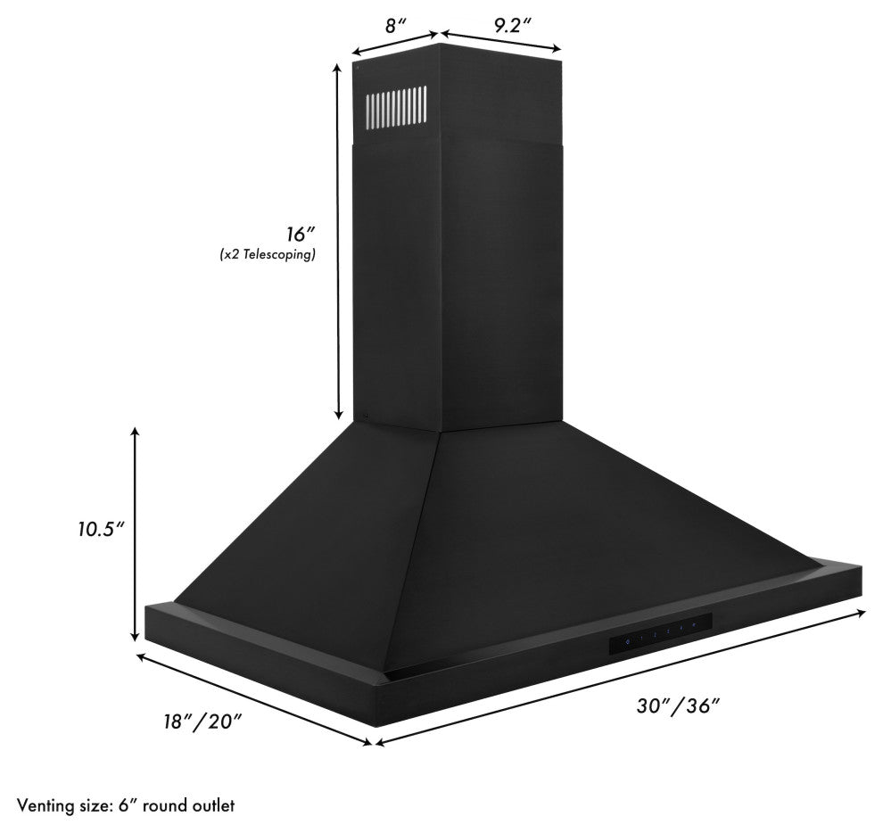 ZLINE 36" Range Hood, Black Stainless Steel With Set of 2 Charcoal Filters