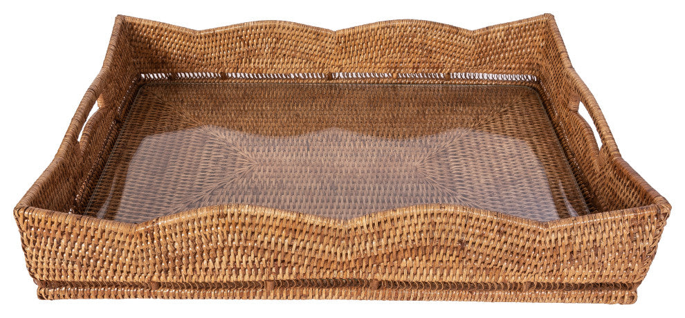 Artifacts Rattan™ Scallop Rectangular Tray with Glass Insert, Honey Brown