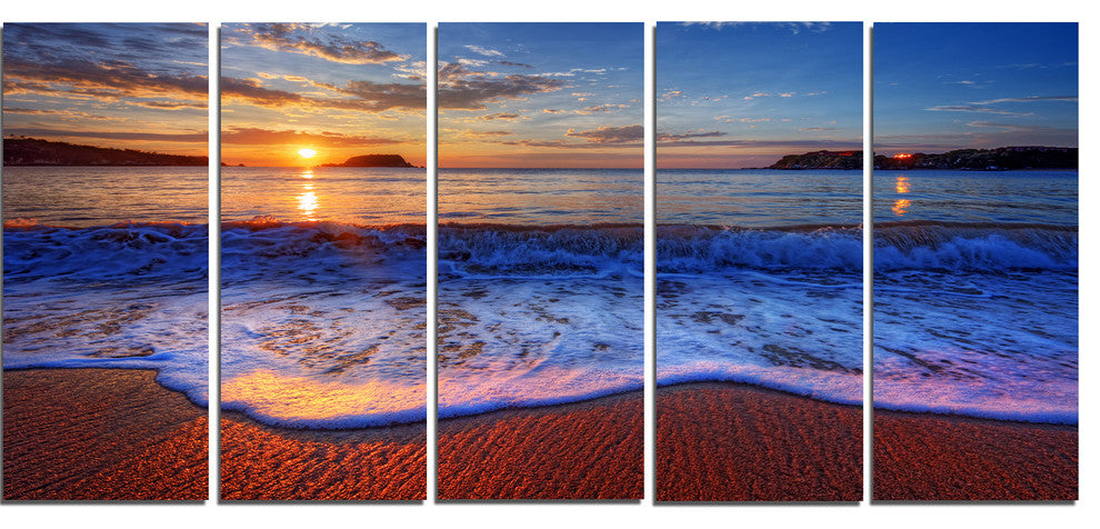 Blue Waves on Sandy Beach, Seashore Canvas Art Print, 60"x28", 5 Panels
