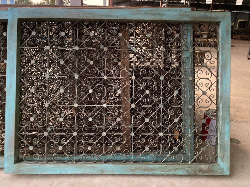 Large Green Wood Framed Iron Rosette Screen