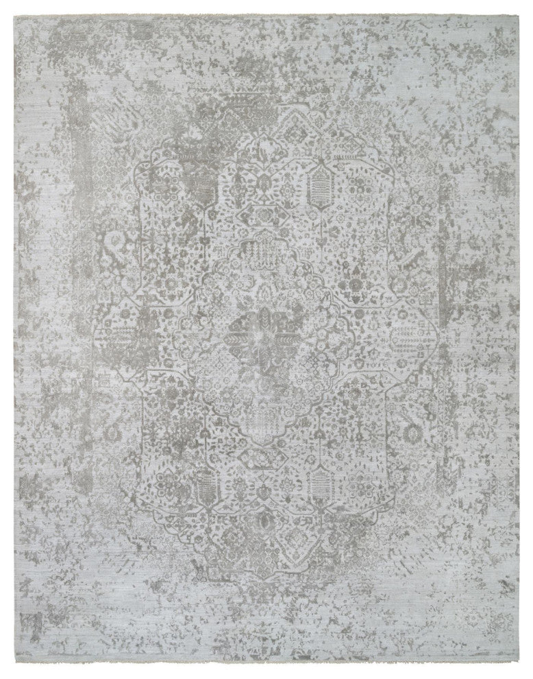 Gray Broken Persian Design Hand Knotted Wool and Silk Oversized Rug, 11'9"x15'