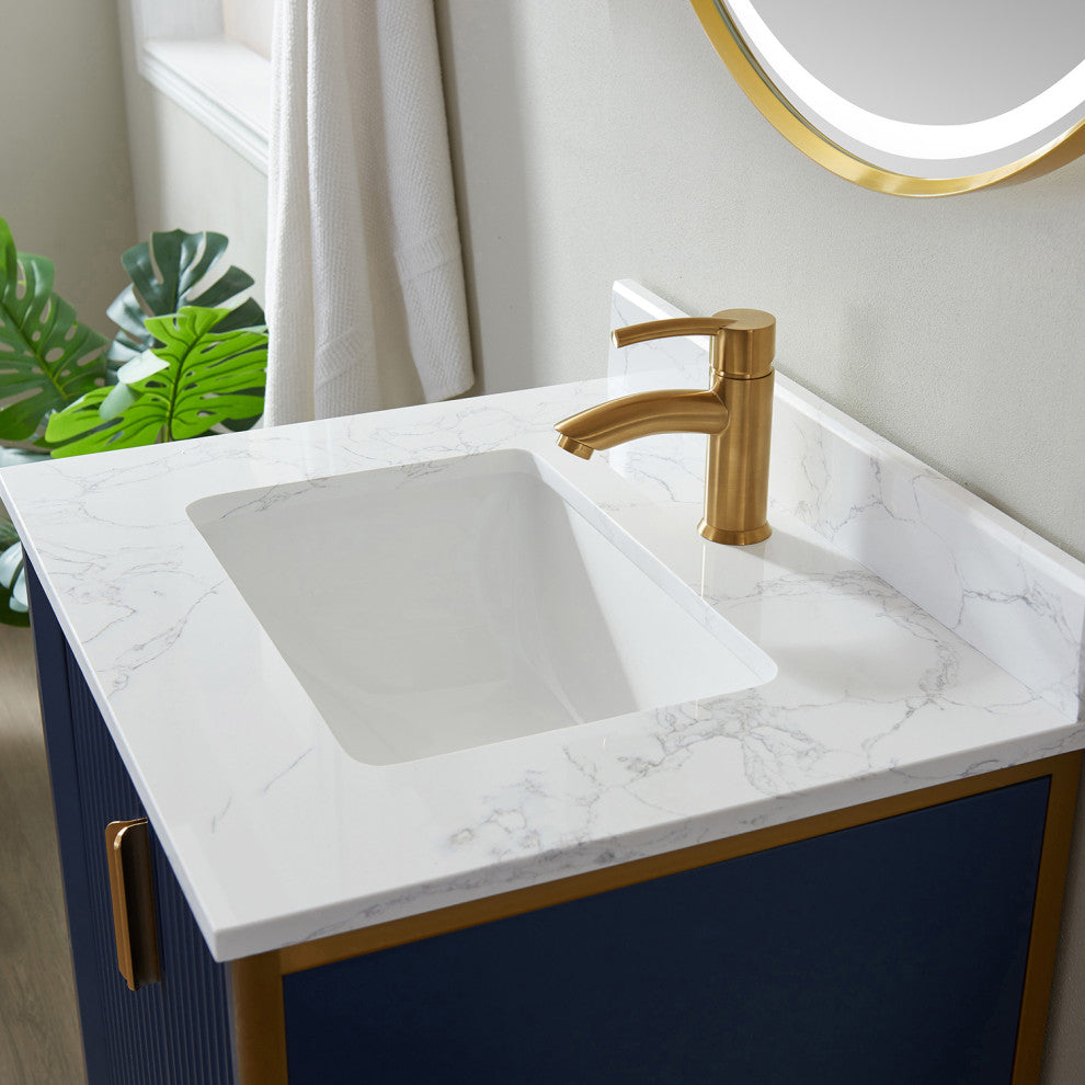 Granada Vanity With White Composite Stone Top, Royal Blue, 24", With Mirror