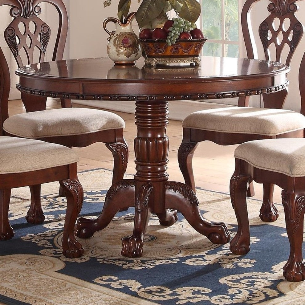 Rubber Wood Round Dining Table With Aesthetic Carvings Brown