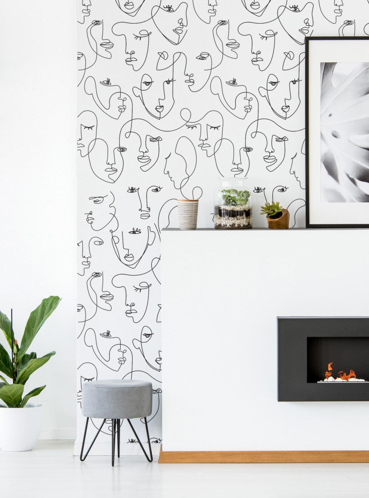 Minimalist Faces Line Art Peel and Stick Vinyl Wallpaper, Black, 24"w X 60"h