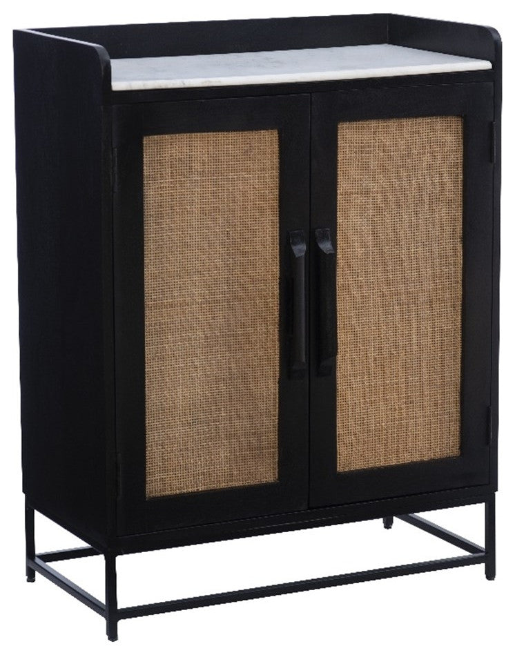 Linon Josie Bar Cabinet White Marble Top Cane Panel Doors in Black Wood