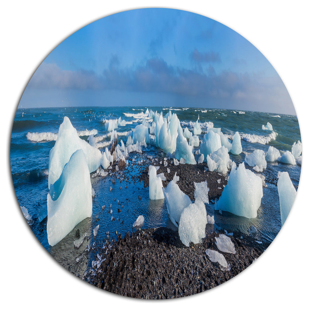 Ice Blocks On Sand Beach, Seashore Disc Metal Wall Art, 38"