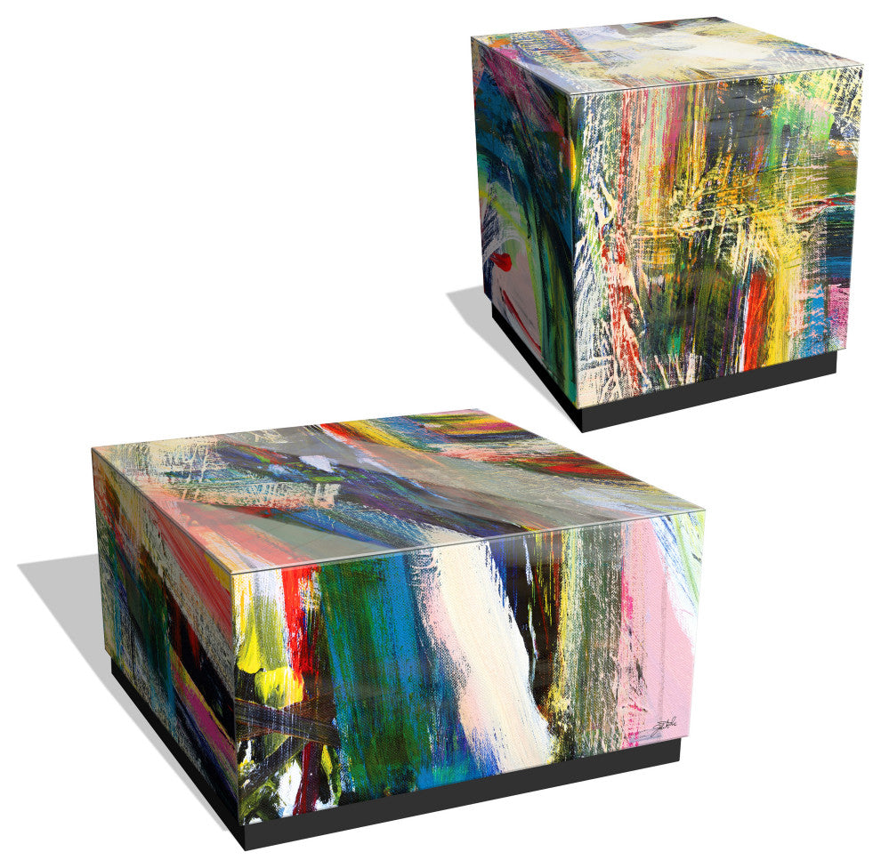 "Graffiti Rock Star"Printed Art Glass Side Table with Black Plinth Base Set of 2
