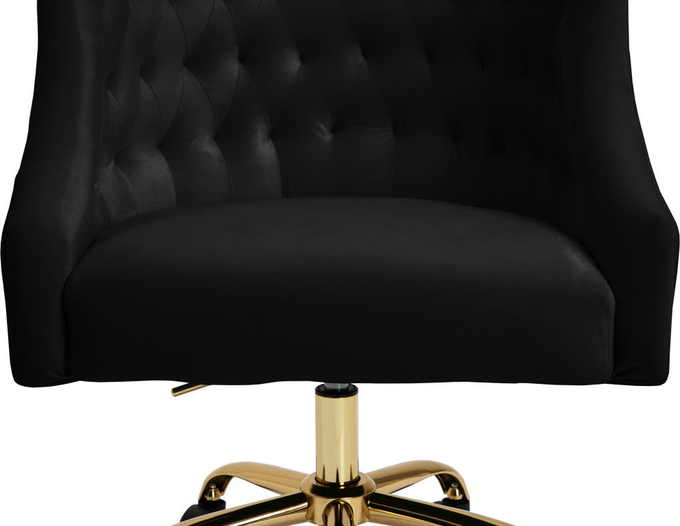 Arden Swivel and Adjustable Velvet Upholstered Office Chair, Black, Gold Base