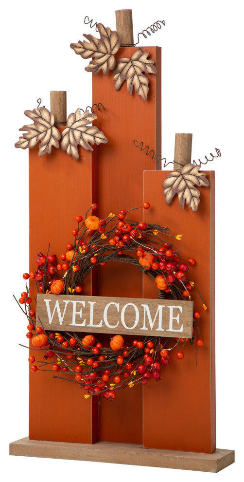 30"H Fall Lighted Wooden Pumpkin Decor WithWreath