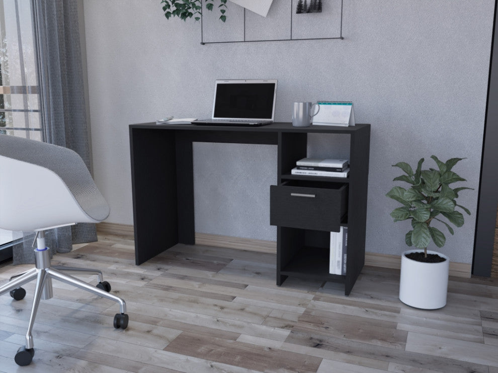 Arlington Computer Desk with Drawer, 2 Open Storage Shelves and Legs, Black