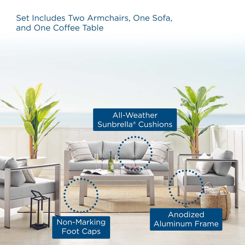 Sectional Sofa Chair Table Set, Sunbrella, Aluminum, Silver Gray, Outdoor