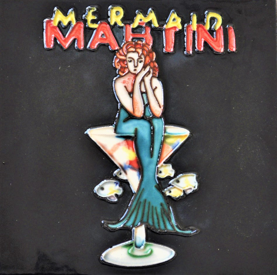6x6" Mermaid Martini Ceramic Art Tile Hot Plate Trivet and Wall Decor