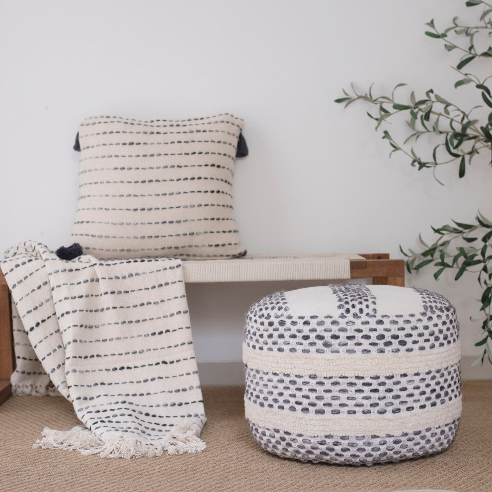 Quirk Rustic Striped Flatweave Cotton Blend  Pouf, White/ Navy
