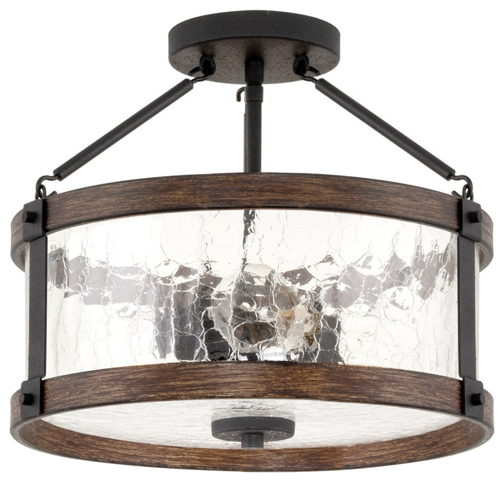 Kira Home Hadley 14" Farmhouse / Hall Light Ceiling, Crackled Glass Shade, Wood