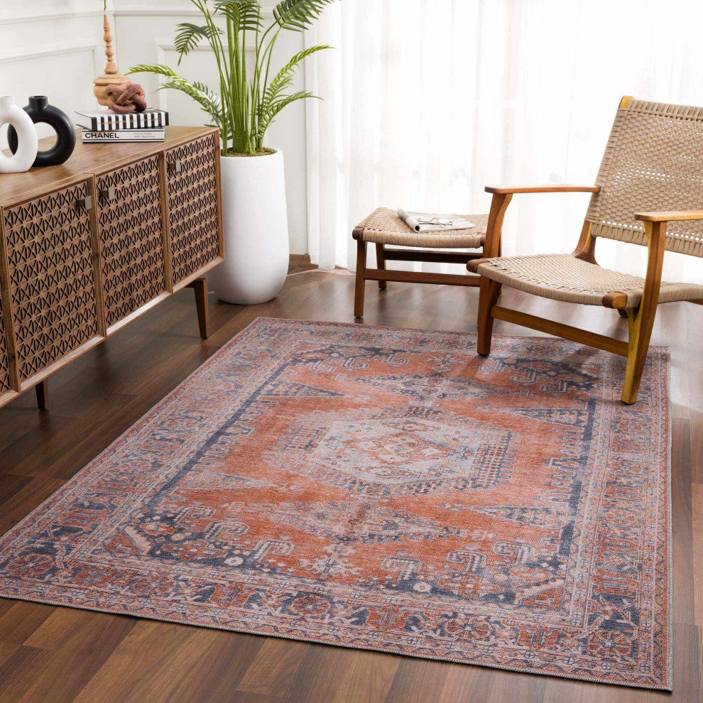 Hauteloom Burnt Orange Taber Medallion Washable Area Rug, Blue, Burnt Orange, Pale Blue/Taber, 7'10"x10'2"