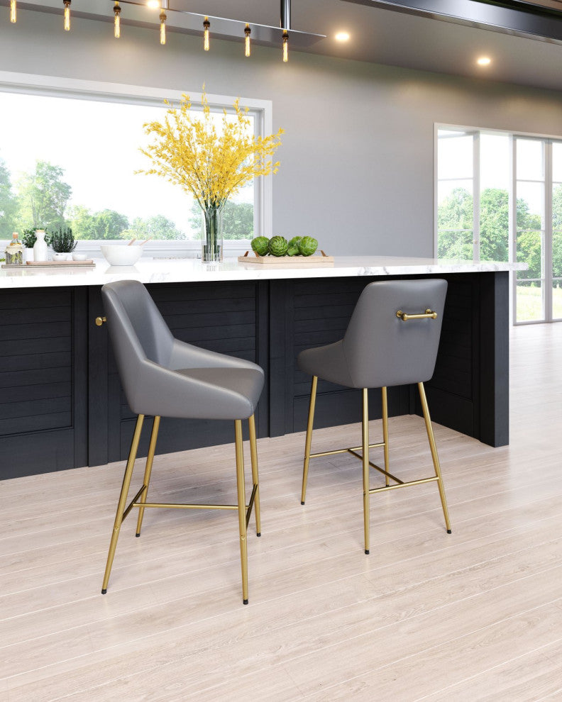 Counter Stool Chair, Faux Vinyl Leather, Steel, Gray, Gold, Cafe Bistro