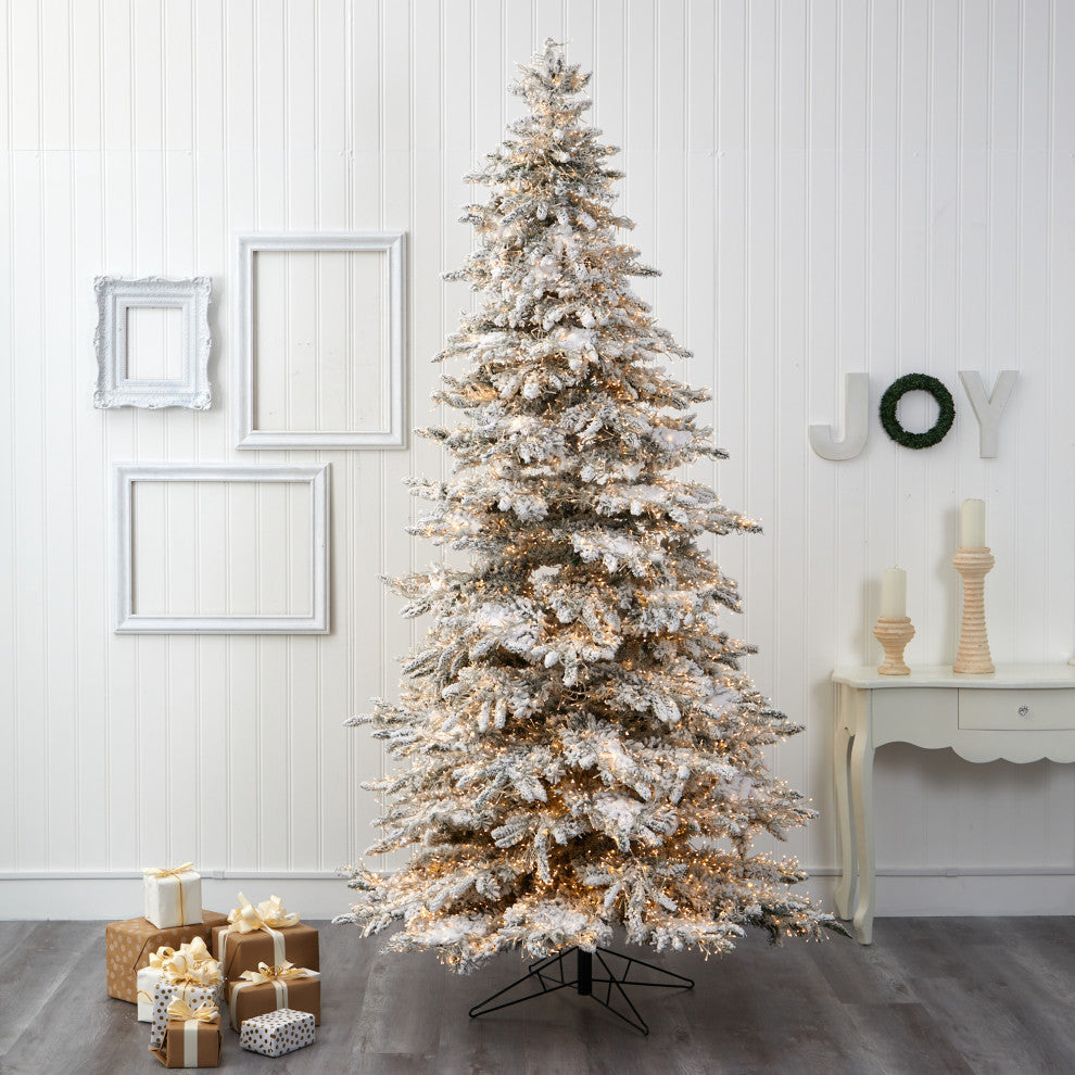 9' Flocked Grand Northern Rocky Fir Faux Xmas Tree W/Lights & Bendable Branches