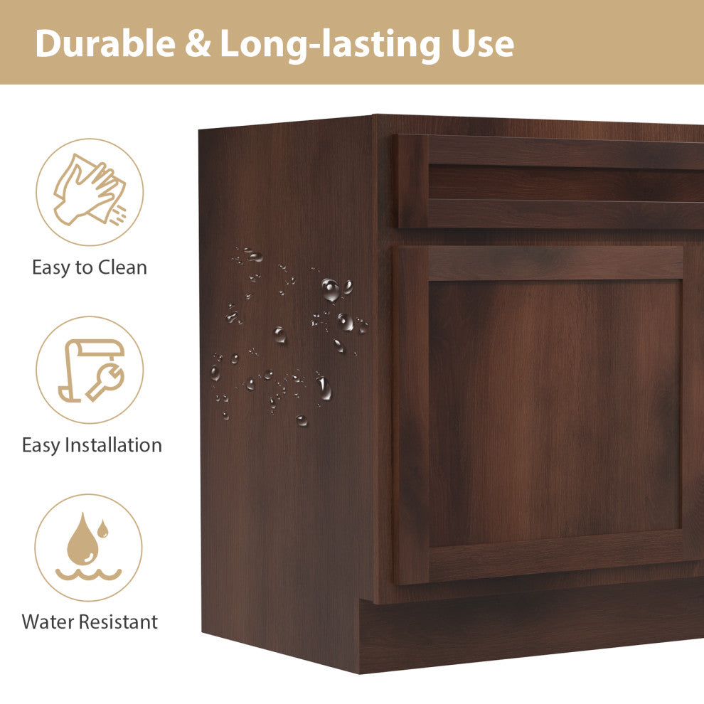 Vanity Art Vanity Base Cabinet, No Top, Drawers on Right, 36", Brown