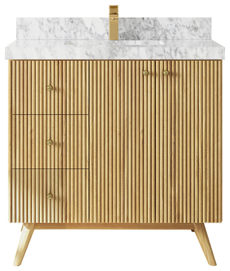 Pasadena 36 Center Sink Bath Vanity in Light Natural Teak 2" Carrara Marble