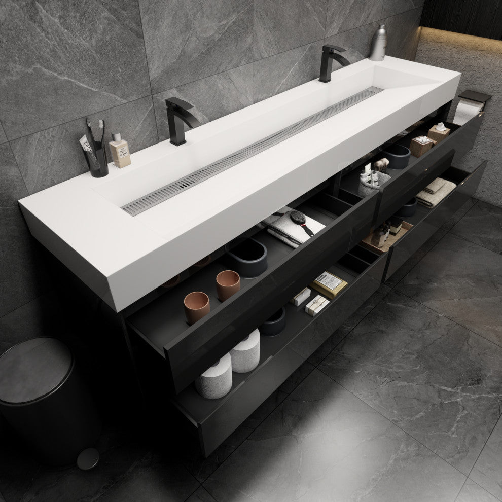 MAX 84" Double Floating Bath Vanity With Acrylic Sink, Coffee Wood, Gloss Black